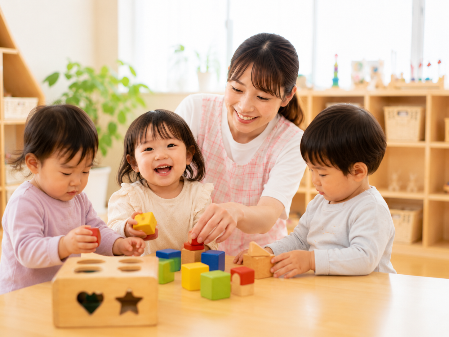 ひまわり保育園で遊ぶ園児と保育士