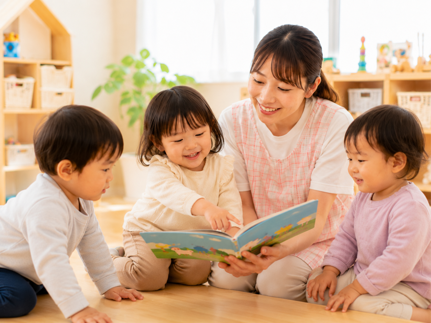 ひまわり保育園で遊ぶ園児と保育士