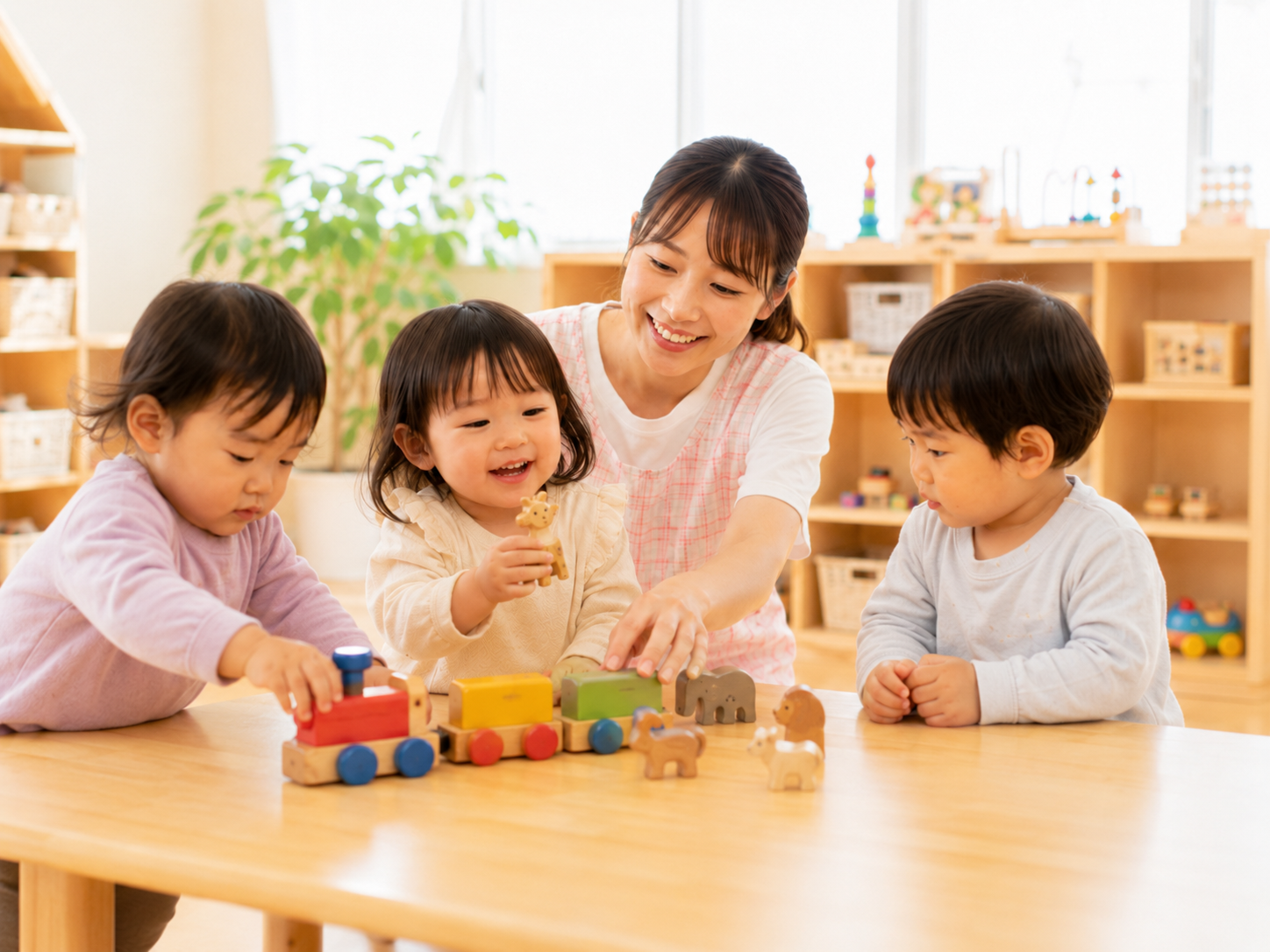 ひまわり保育園で遊ぶ園児と保育士