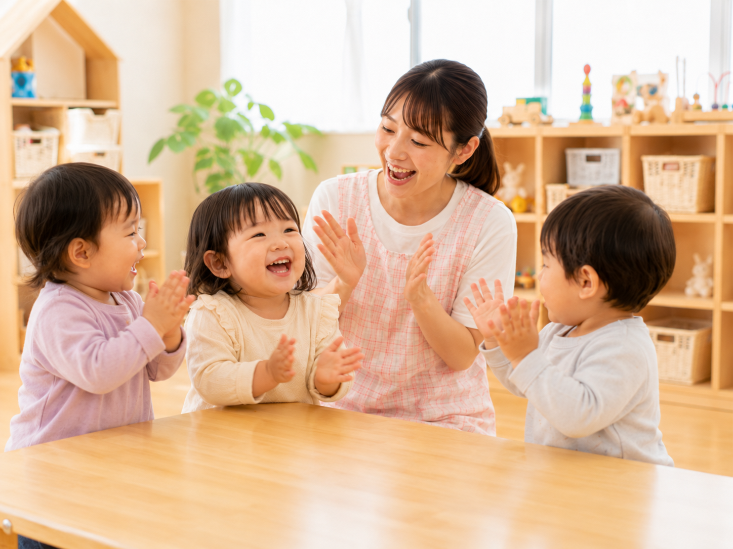 ひまわり保育園で遊ぶ園児と保育士