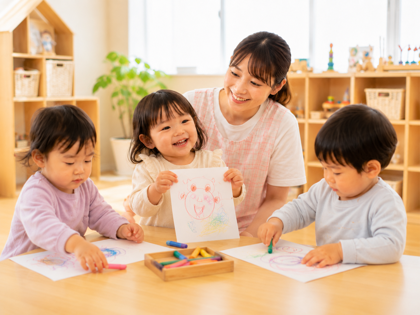 ひまわり保育園で遊ぶ園児と保育士